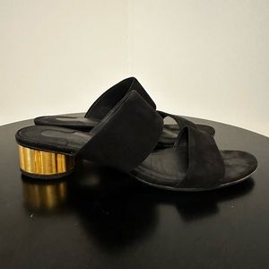 Salvatore Ferragamo Black and Gold Suede Heeled Sandal